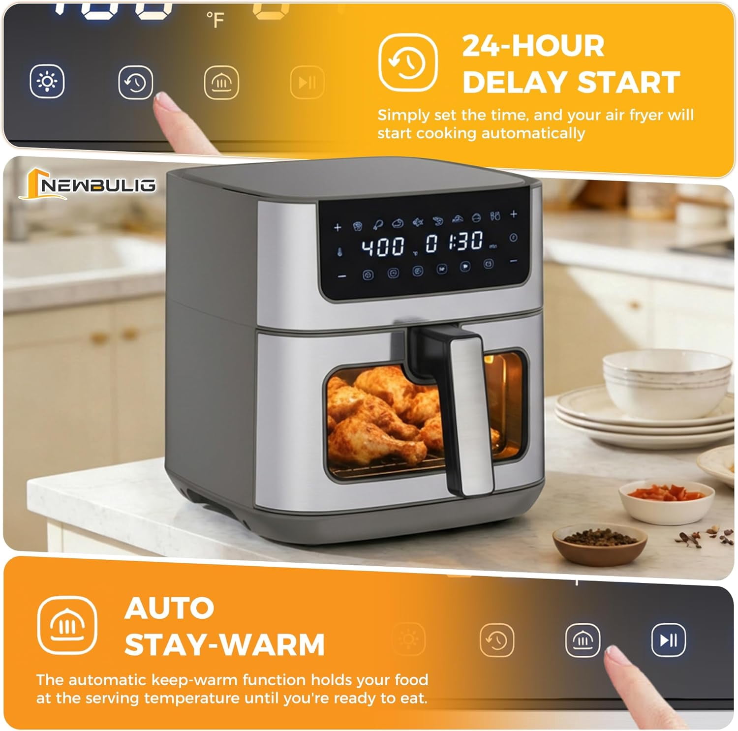 Air Fryer 6.34QT, Airfryer with Visible Window, 400 ℉ Fast Heating Air Fryers Oven with Nonstick and Dishwasher-Safe Basket, 8-in-1 Cooking Preset, Timer，Auto-Off, Stainless Steel, White