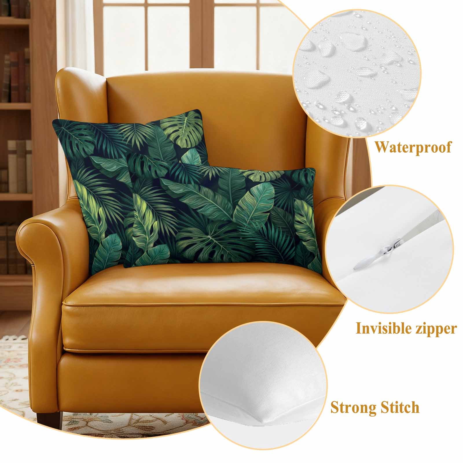 Tropical Plants Outdoor Waterproof Throw Pillow Covers 20x20 Set of 2, Summer Watercolor Green Palm Leaves Decorative Pillowcases Cushion Pillowcase for Couch Sofa Patio Outside Pillow Protector