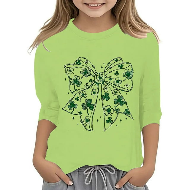LUOGENLI T-Shirt pour Filles T-Shirt Graphique pour Filles Jour de la Saint-Patrick à la Mode Polyvalent Col Rond Manches 3/4 T-Shirt Décontracté Ensemble Maxi Tops Vacances Vert Clair 4-5 Ans