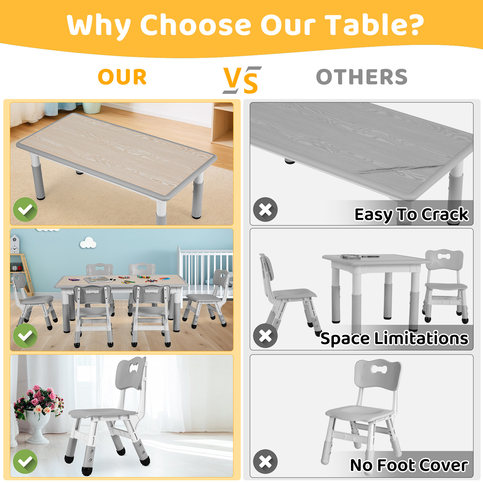 Arlopu Kids Table & 6 Chairs Set, Height Adjustable, Gray photo 8
