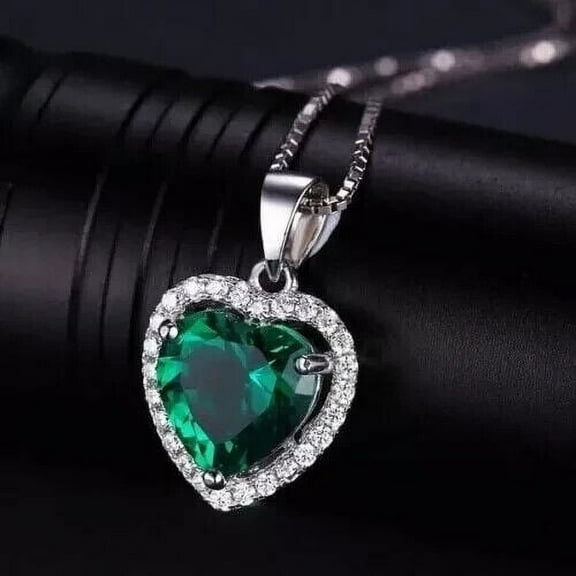 2.40Ct Heart Cut Lab-Created Green Emerald Women Pendant 14K White Gold Plated