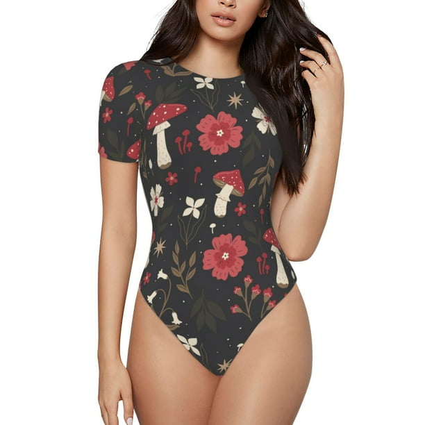 Fotbe Fly Agaric and Flowers Body de Mujer con Cuello Redondo y Mangas Cortas, Sin Mangas Ajustado, Suave, Cómodo y Básico-XX-Large