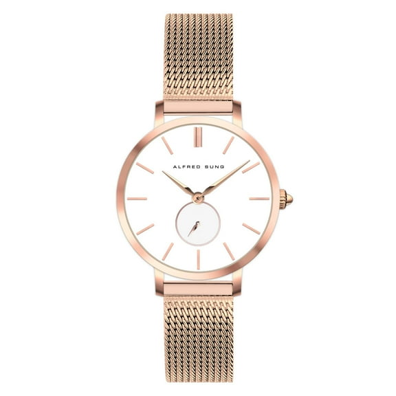 Alfred Sung Ladies Serenity Rose Gold White Dial Mesh Watch