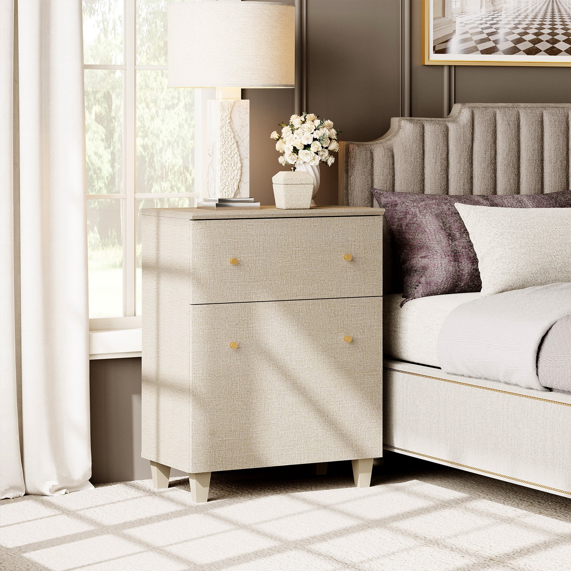 WAMPAT Nightstand with Drawer and Door, Modern Large Bedside Table with Adjustable Storage Shelf, Wooden Accent Cabinet for Bedroom, Beige Linen Printed
