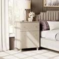 thumbnail image 4 of WAMPAT Nightstand with Drawer and Door, Modern Large Bedside Table with Adjustable Storage Shelf, Wooden Accent Cabinet for Bedroom, Beige Linen Printed, 4 of 5
