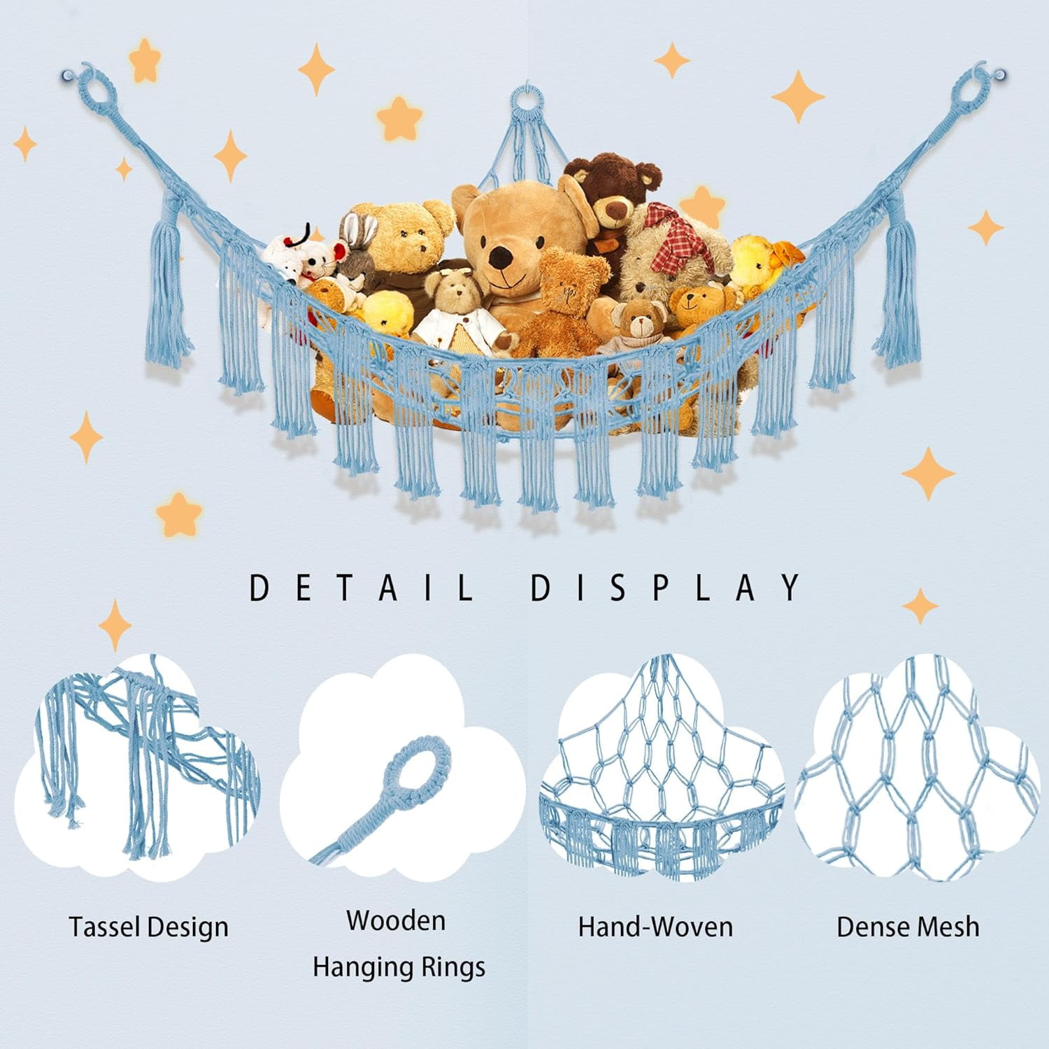 Stuffed Animal Hammock with LED Light, 2 Pack Toy Hammock for Stuffed Animals Storage for Kids, Stuffed Animal Hammock Corner, Baby Blue