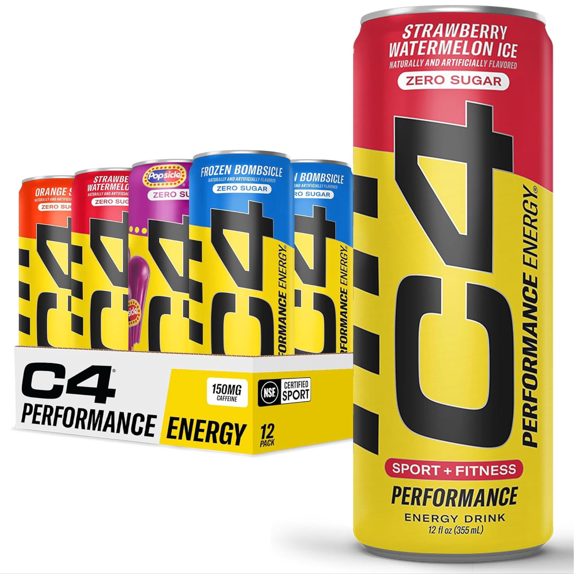 C4 Performance Energy Drink, Variety Pack Flavor, Zero Sugar, Carbonated, 12 fl oz Can, 12 Pack