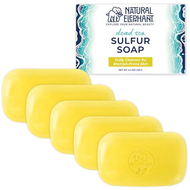 Jabón de azufre del Mar Muerto de elefante natural, 4.4 oz con sal del Mar Muerto, barra de azufre para la cara y el cuerpo de aloe vera para todo tipo de piel (paquete de 5 (22 oz en total))