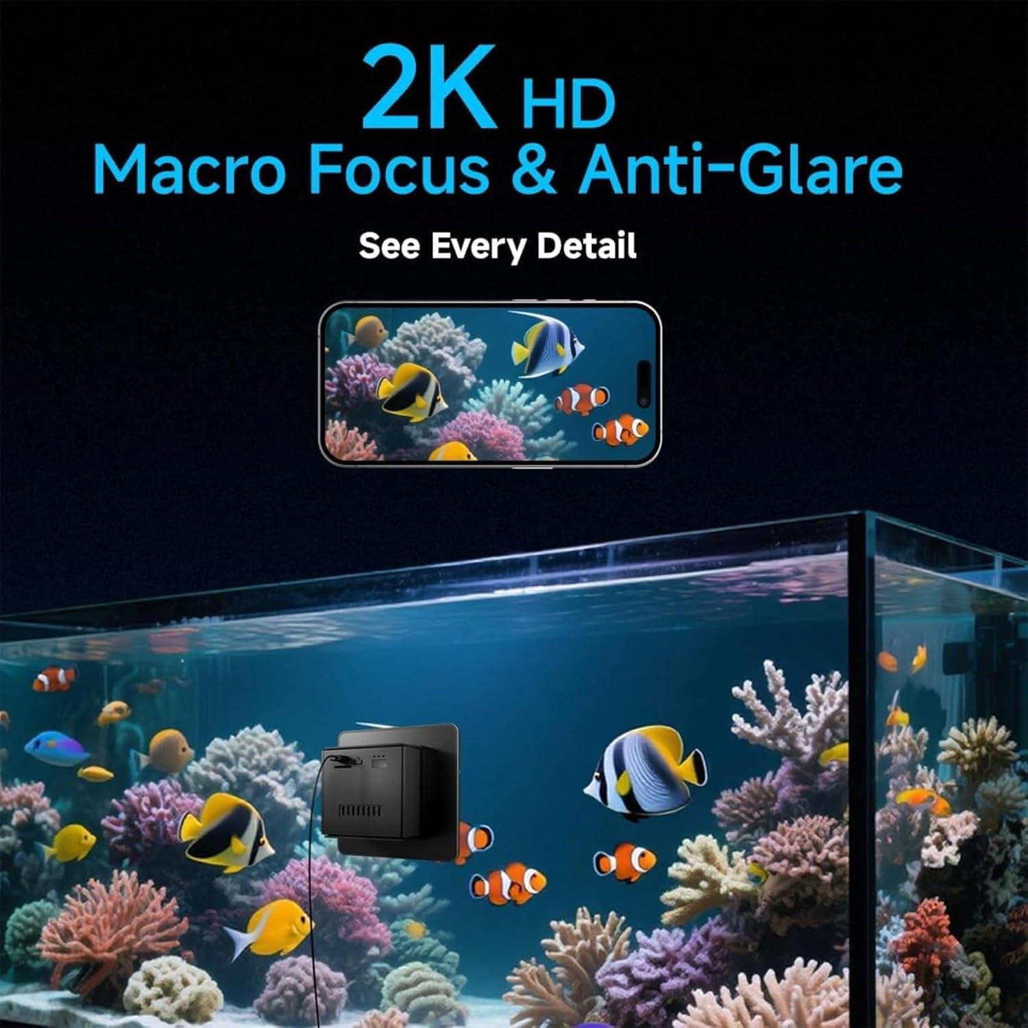 Aquarium Camera, 2K HD WiFi Pet Monitor, 140° Wide-Angle Anti-Glare Macro Lens, 24/7 Recording for Fish Reptiles Window Security Surveillance System (C#2 PCS)