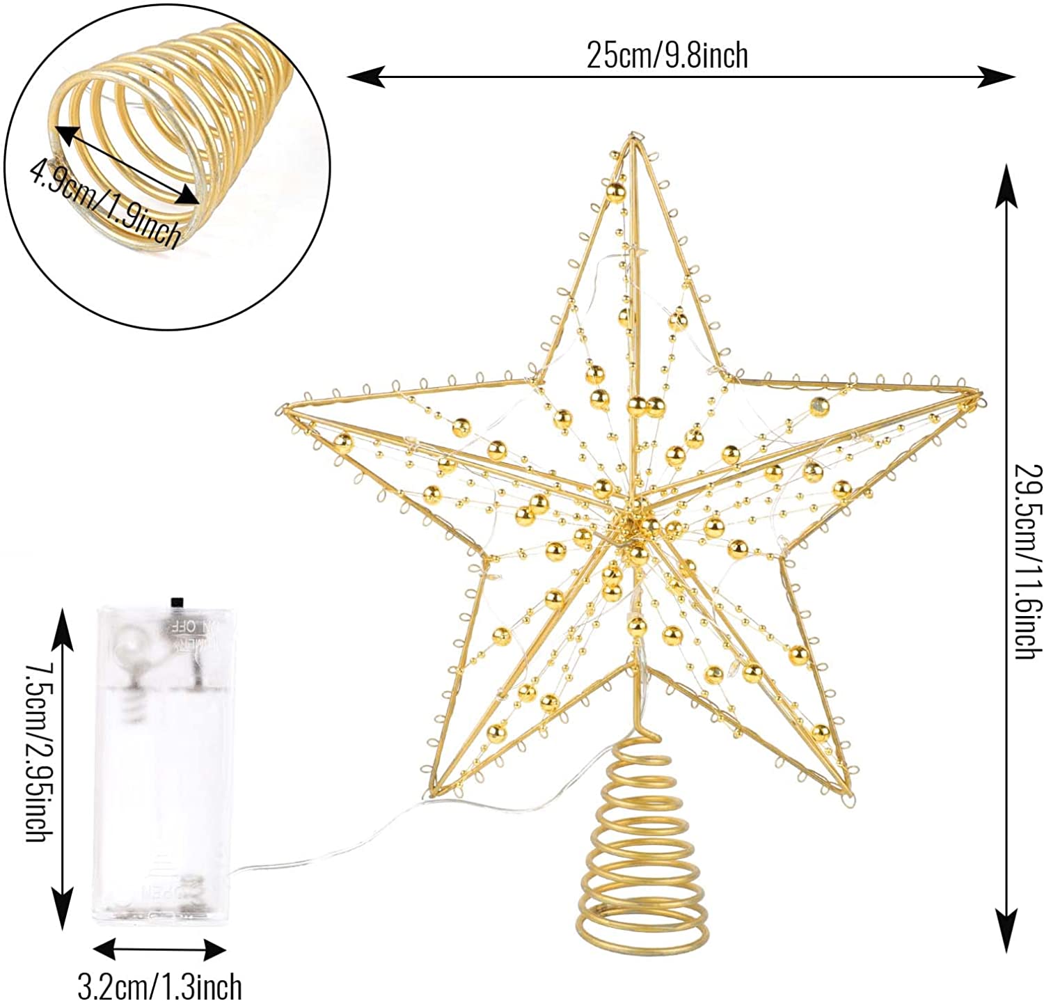 Christmas Tree Topper, 10 LEDS Tgnazet 9.84 Inch Christmas Star Tree Topper with Lights Beads, Battery Operated Tree Toppers for Christmas Xmas Tree Holiday Party Decor, Gold Star Warm White