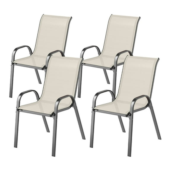 Stackable Patio Dining Chairs Set of 4, Outdoor Furniture High Back Mesh Seat, Garden Lawn Chairs Beige