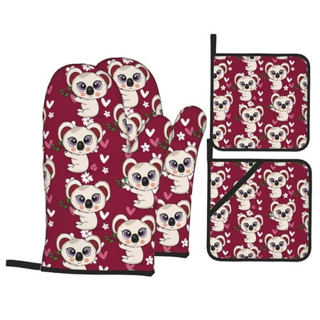 

Oven Mitts and Pot Holders 4 pcs Set Big Eyes Koala Burgundy Heat Resistant Pot Holders Oven Mitts for kitchen Non-Slip Hanging Loop Oven Glove Potholders for Baking Cooking