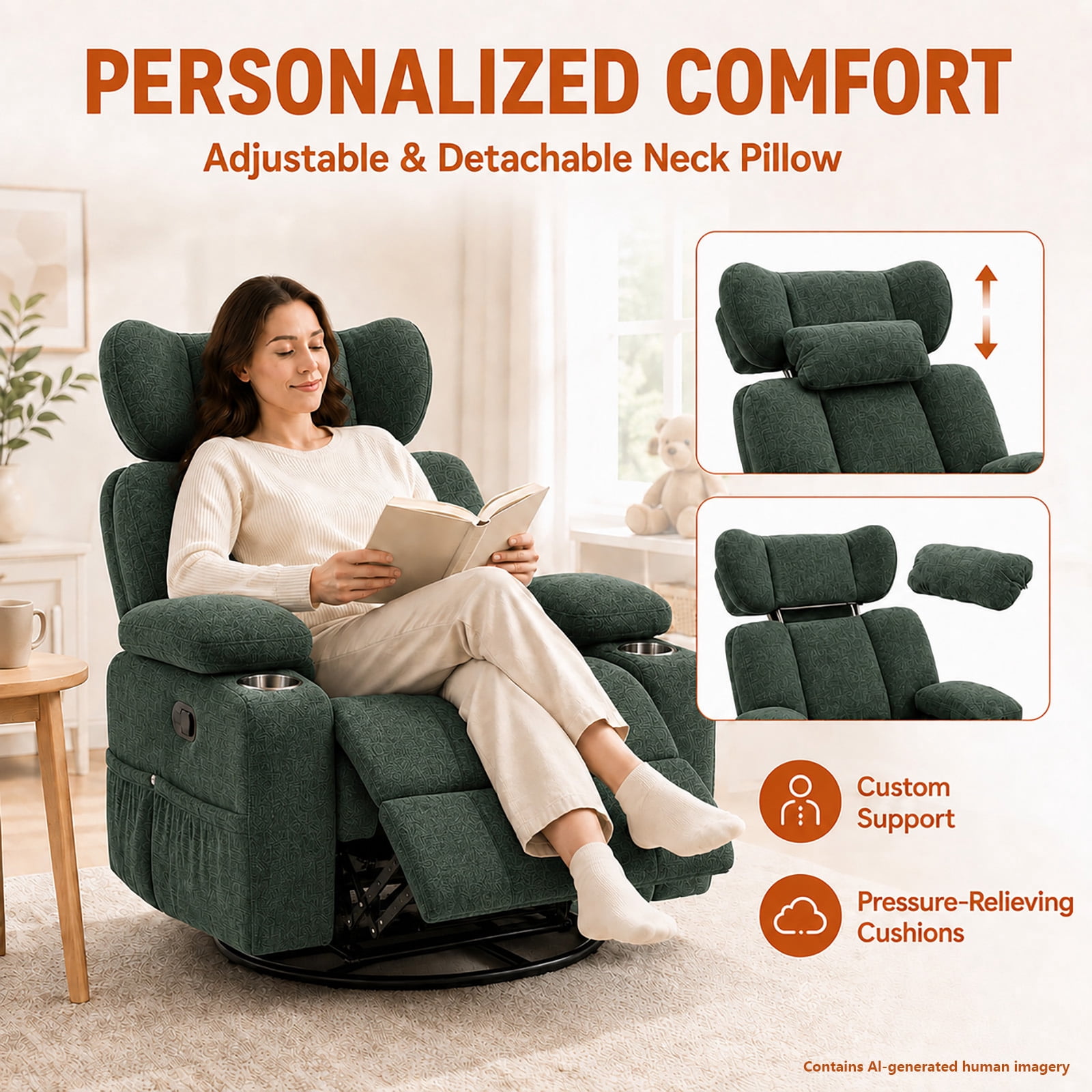 Leumius 360° Swivel Recliner Chair, Single Recliner with Adjustable Detachable Neck Pillow Ergonomic and Cup Holders, 300lbs Capacity Versatile Lounge Chair for Living Room Bedroom Home Theater