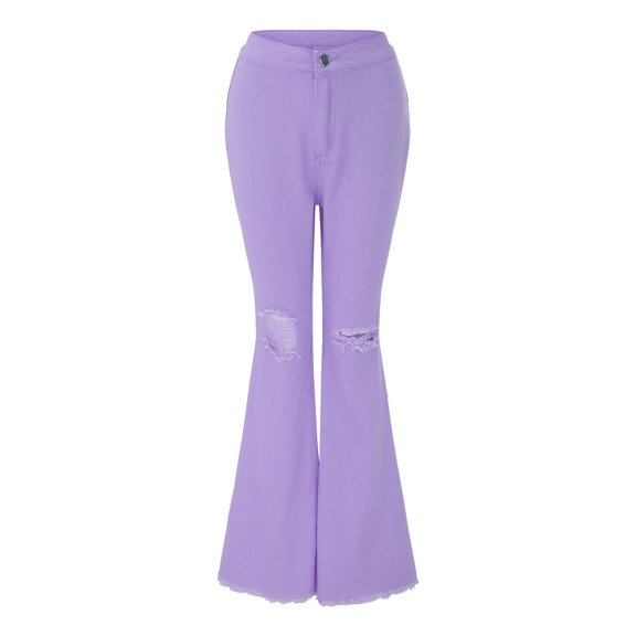 AWXNJUX Womens Jeans High Waisted Ladies Popular Flare Jeans Ladies Fashion Mid Waist Flare Pants Stretch Slim Pants Long Retro Worn Out Jeans Low Rise Jeans for Woman (Purple,L)