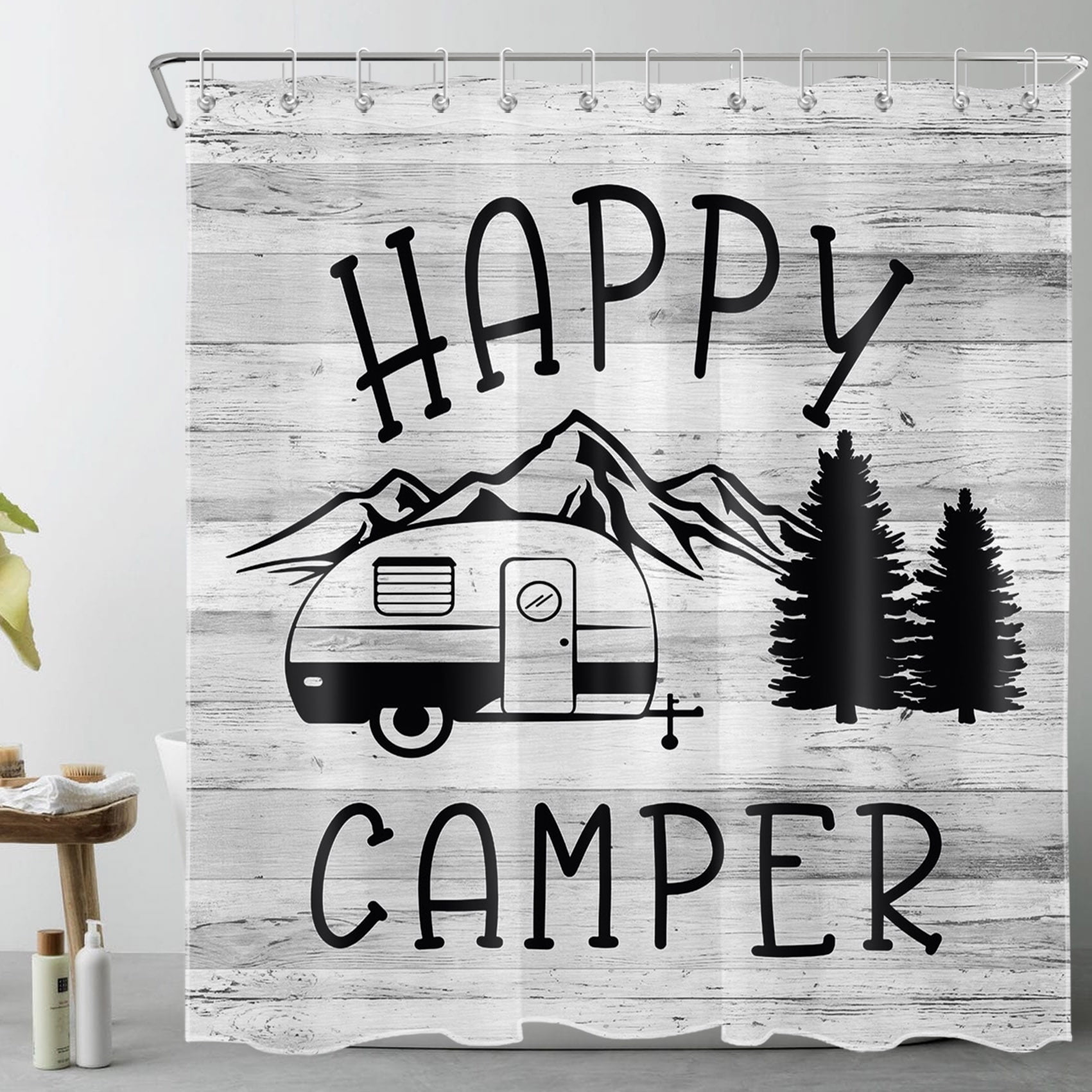 HVEST Happy Camper Shower Curtain for Bathroom,Rustic Retro Travel