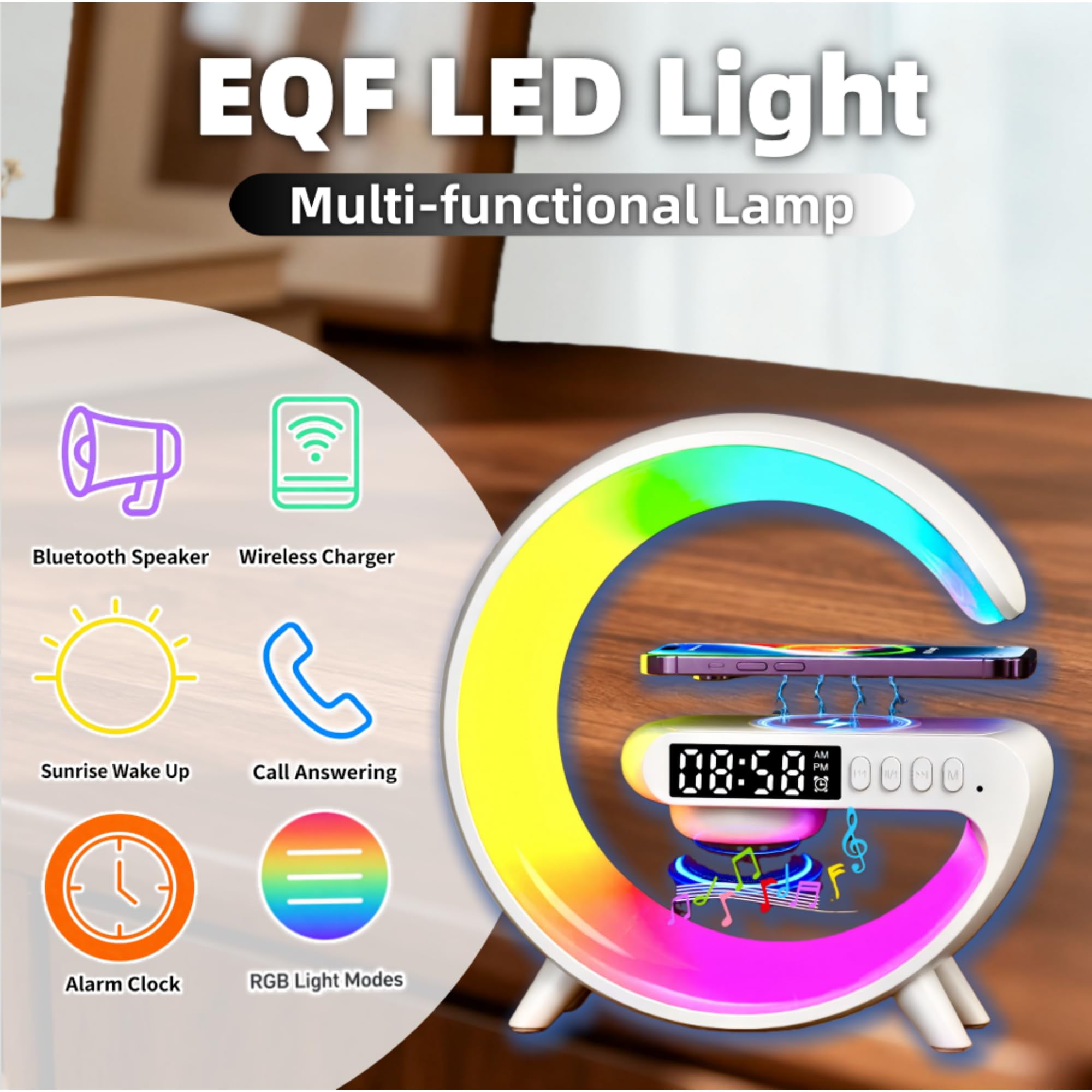 All-in-One Smart Bedside Lamp: 15W Fast Wireless Charger, Alarm Clock & Mood Light for Bedroom（Black）