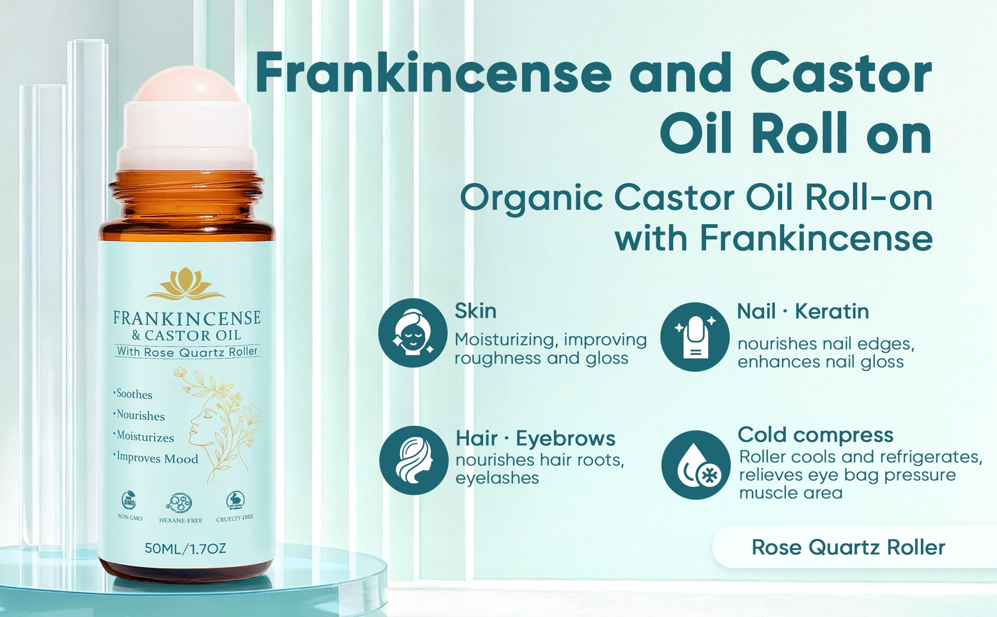 Frankincense and Castor Oil, Castor Oil Roll On with Rose Quartz, 100% Pure, Organic, Cold-Pressed, Firms Skin, Reduces Fine Lines & Hormone Balance, Suitable for Face, Neck, Abdomen.(1 Set)