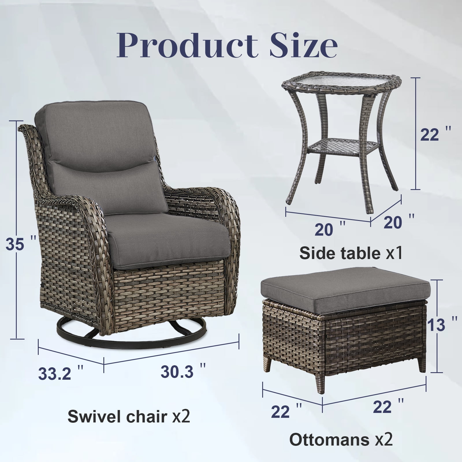 POCASSY 5 Pieces Patio Furniture Set with Swivel Chairs and Ottomans, High Back Deep Seat Cushioned Wicker Outdoor Conversation Set for Porch & Balcony, Gray Wicker/Beige Cushion
