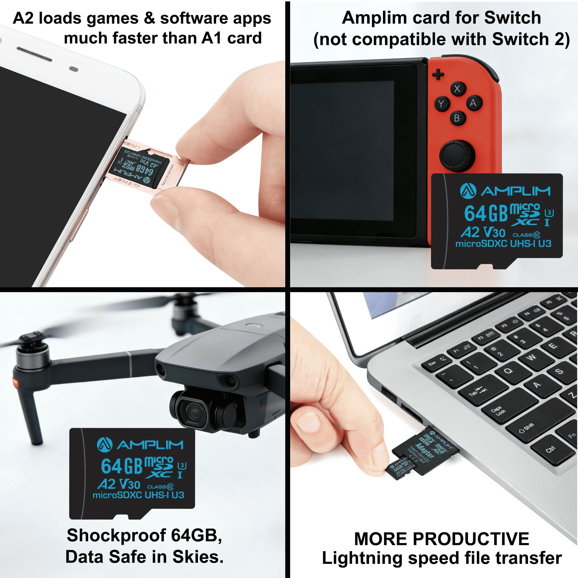 Amplim Micro SD Card 64GB | MicroSD Memory Plus Adapter | A2 MicroSDXC U3 Class 10 V30 UHS-I for GoPro Hero, Surface, Phone, Camera Cam, Tablet | Green 2 Pack