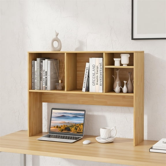 Spaco Beige Computer Desktop Bookcase with 4 Cubbies & Open Back Compartment, Under-Desk Storage for Home Office