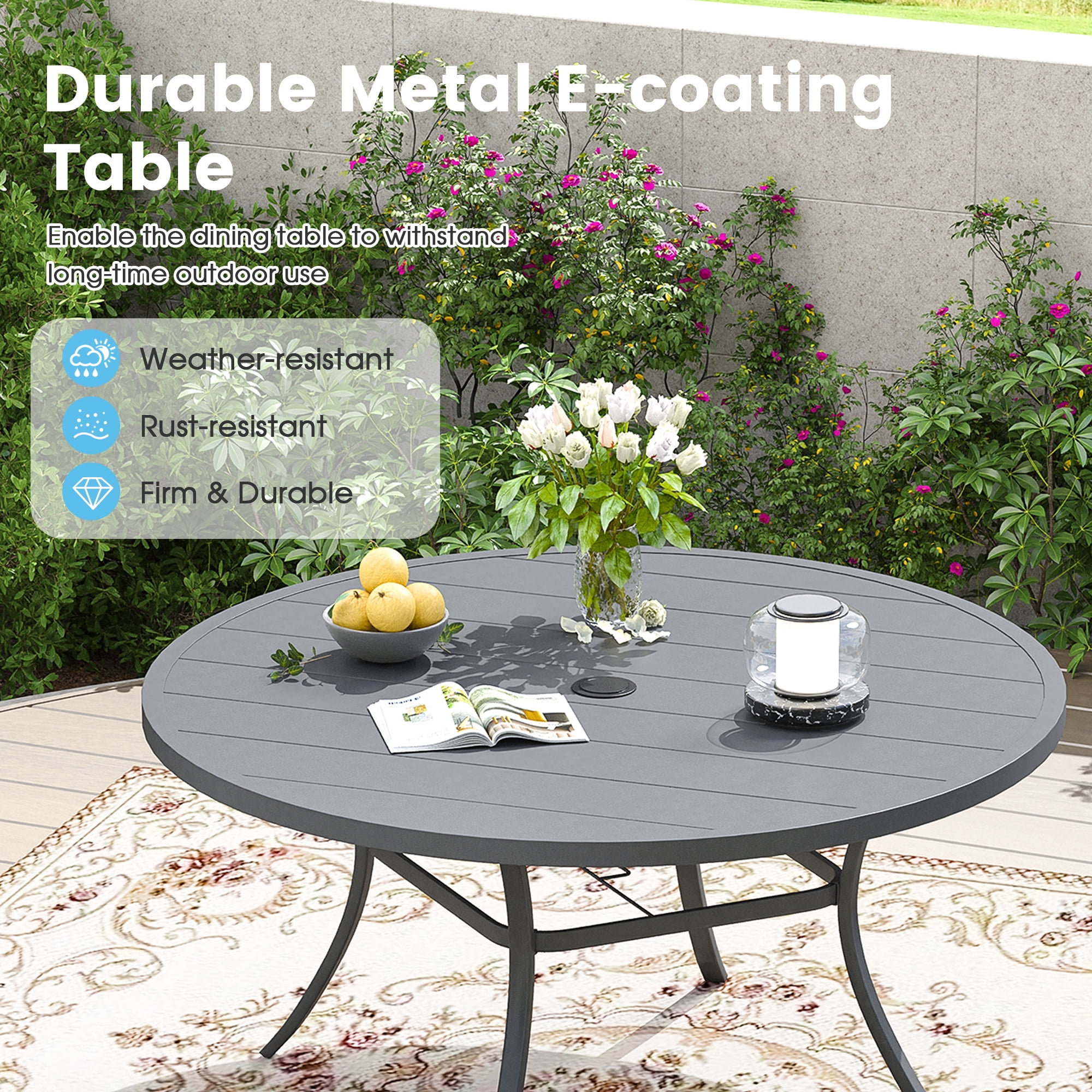 DIFY 7PCS Patio Dining Furniture Set, 50" Round Slatted Table and 6 Swivel Textilene Chairs