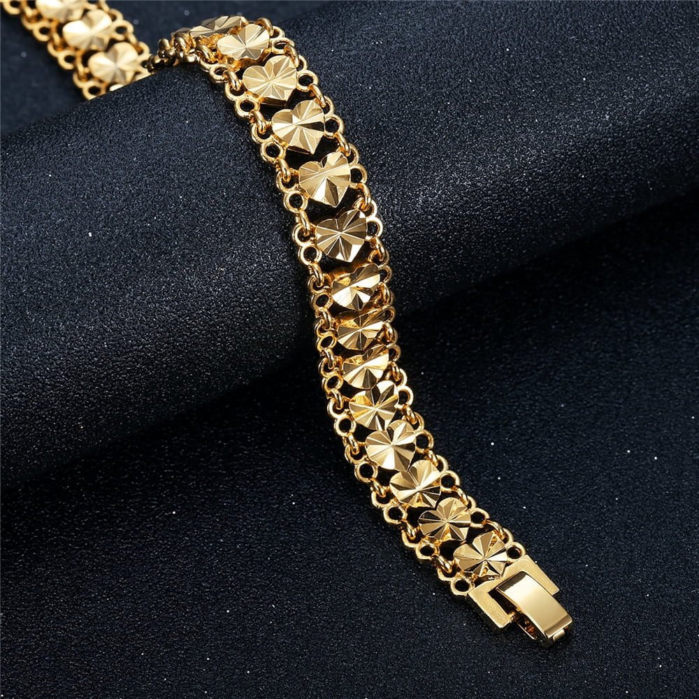 12MM Wide Chunky Chain Bracelet Braslet Trendy 14K Yellow Gold Heart Bracelets for Women Men Wristband Jewelry