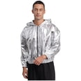 thumbnail image 4 of TiaoBug Men's Holographic Hoodie Long Sleeve Shiny Metallic Bomber Jacket Hooded Zip-up Outerwear Coat Silver L, 4 of 6