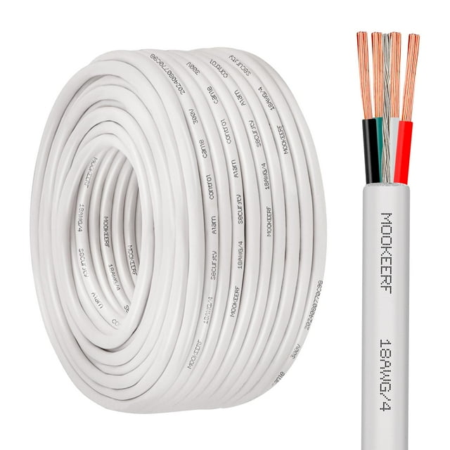 MOOKEERF 18/4 Alarm Wire Shielded Wire 100FT 18 AWG 4 Conductor Stranded Shielded Plenum Cable White CL3P Jacket for Security/Alarm/Access Control/Sound-18AWG 4 Conductors Wire