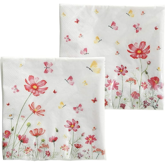 40 Count Meadow Flower Garden Napkins, 2 Packs of 20, 3 Ply Paper, Luncheon Size 6.75 x 6.75 Inches, Food Safe Inks