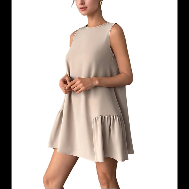 Vestido Tipo Chaleco Sin Mangas con Cuello Redondo en Color Liso, Color Albaricoque XL