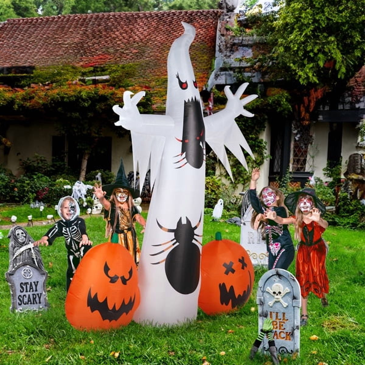11.8FT Giant Halloween Inflatable, Ghost & Pumpkin Design, LED Lights, Waterproof Polyester, Stakes/Ropes Included for Yard/Party Decoration