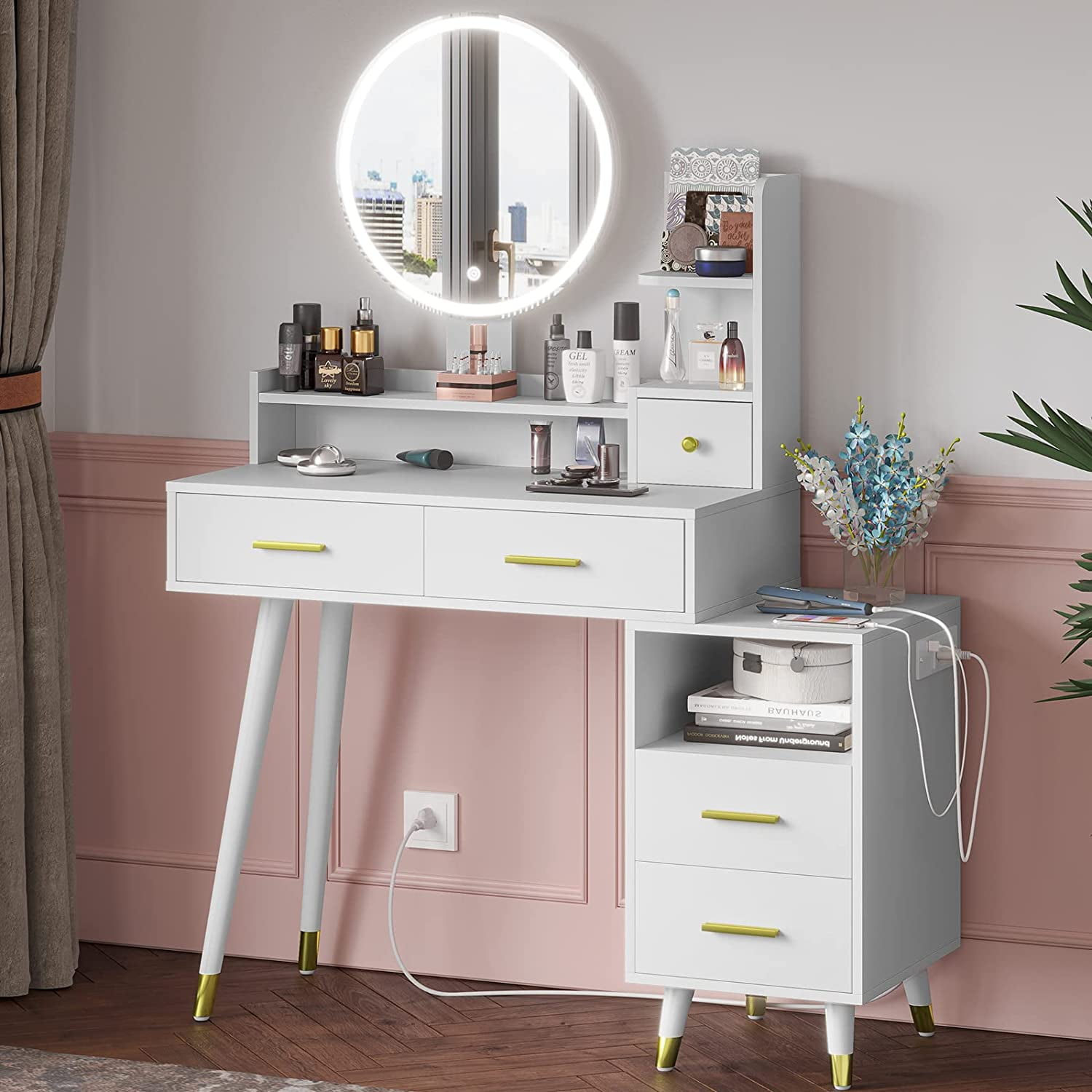 Tiptiper Large Vanity Desk with Mirror and Lights, 5 Drawers Makeup Vanity  with Lights and Charging Station, Vanity Table with Smart Mirror with Time Temperature  Display, White 