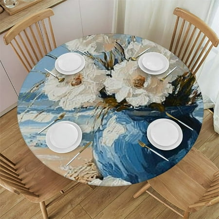 

SHERONV Blue Vase White Flowers Beach Round Tablecloth 100% Polyester Stain-Resistant Washable for Indoor Outdoor Restaurants Weddings Parties Home Kitchen Dining 46 -50