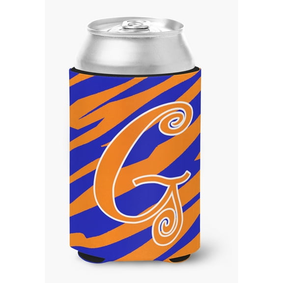 Letter G Initial Monogram - Tiger Stripe Blue and Orange Can Beverage Insulator Hugger