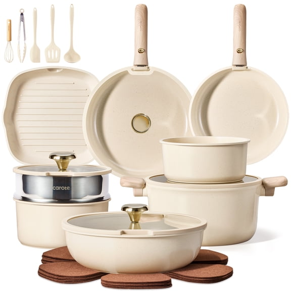 CAROTE 24Pieces Ceramic Cookware Set with Detachable Handle, Non-Toxic Pots and Pans Set Nonstick, Dishwasher/Oven Safe Non Stick Pot and Pan, Kitchen, Camping Use Cooking Set, All Stoves Compatible