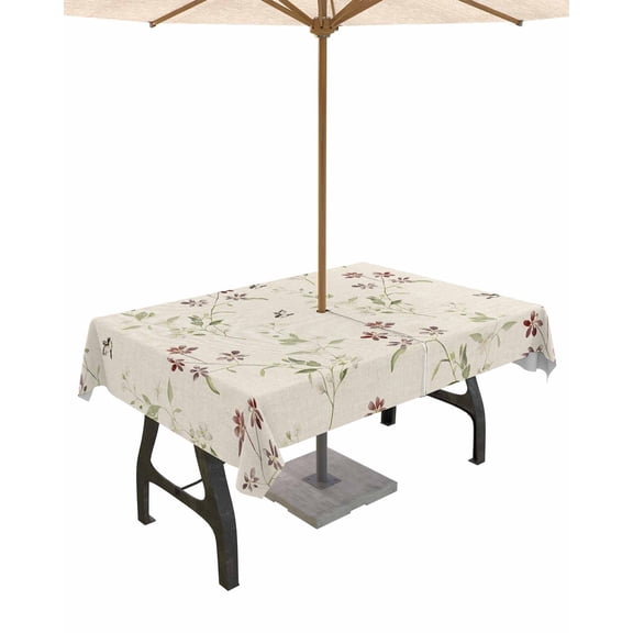Boanket Outdoor Tablecloth with Umbrella Hole for Patio/Picnic/Party/Camping, Flower Leaves, Waterproof Table Cloth Rectangle Table Cover Washable, Farmhouse Country Flower Bud Watercolor 52"x 70"