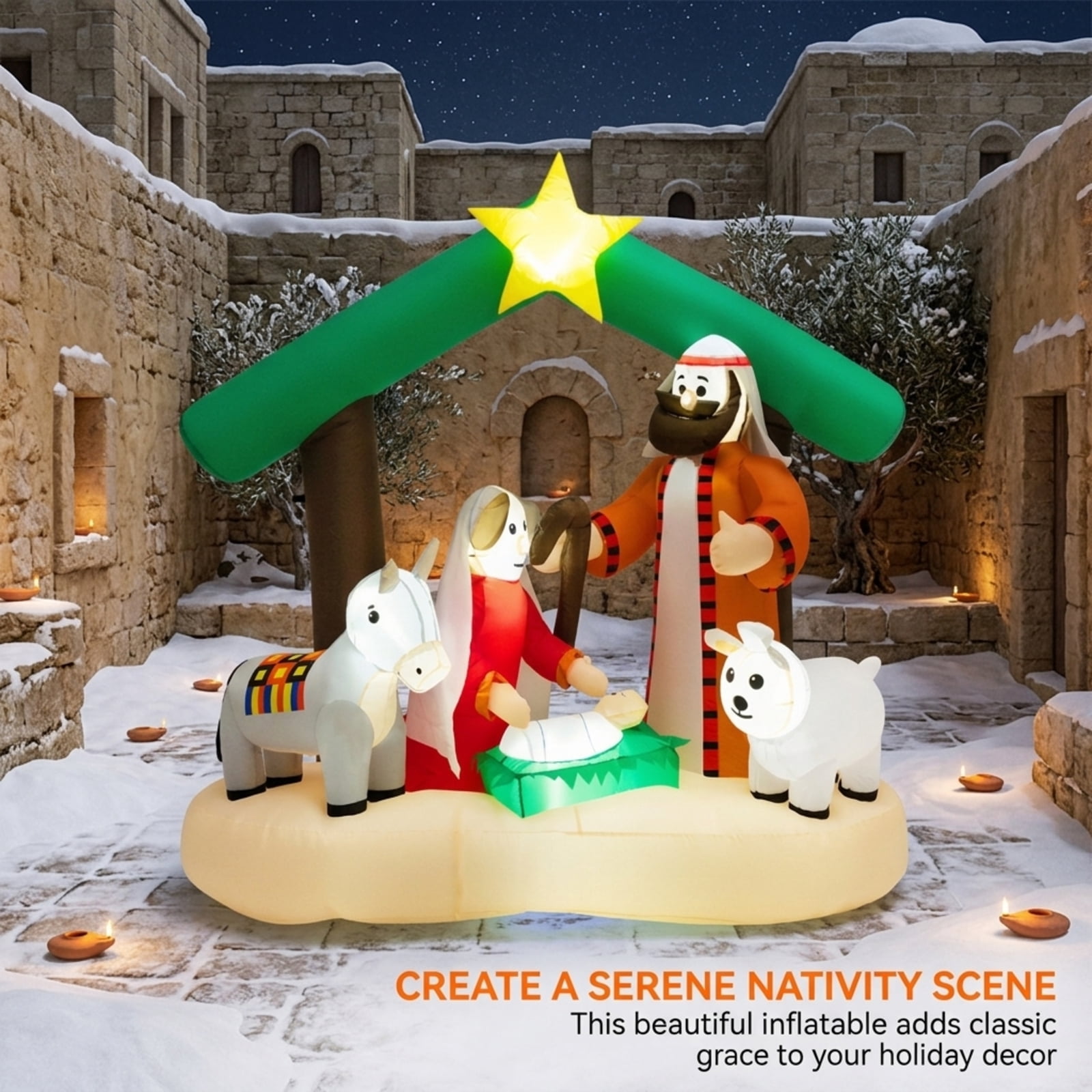 RUIE 6.7 ft Christmas Inflatable Nativity Scene with LED Lights, Waterproof Blow Up Holy Family Outdoor Yard Decoration for Lawn