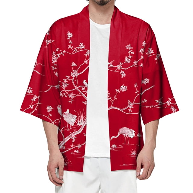 SHIXIAOO Male Spring and Summer Cool Semi Long Sleeve Cardigan All Print Printed Collarless Antique Shirt Mens Romper Shorts Custom Work Shirts Men Colla T Shirt Men down Pajama Apparel T Man Shirts