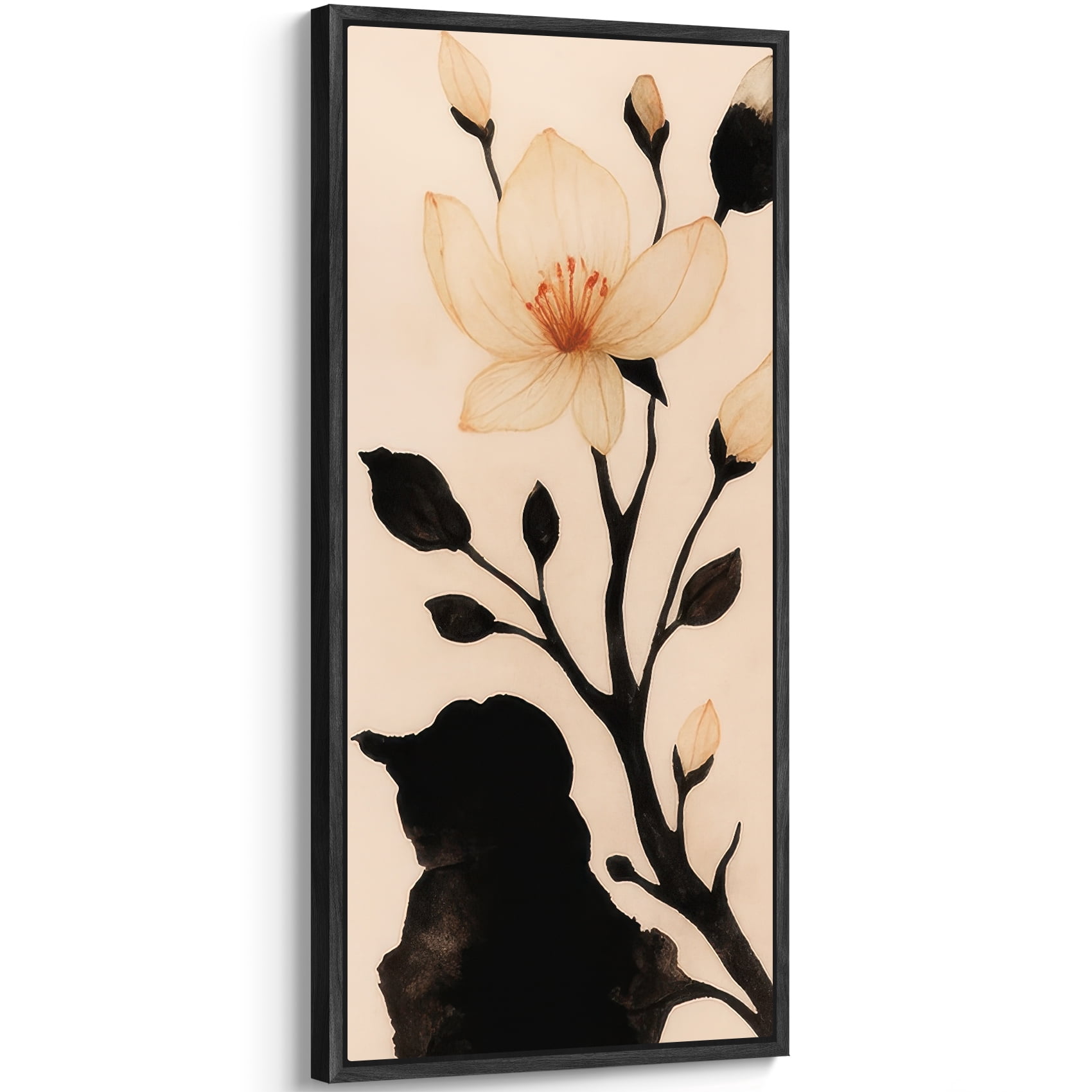 Large Framed Canvas Art Abstract Flowers Print for Vintage Living Room Bedroom Wall Decor - 60 x30 Black Framed