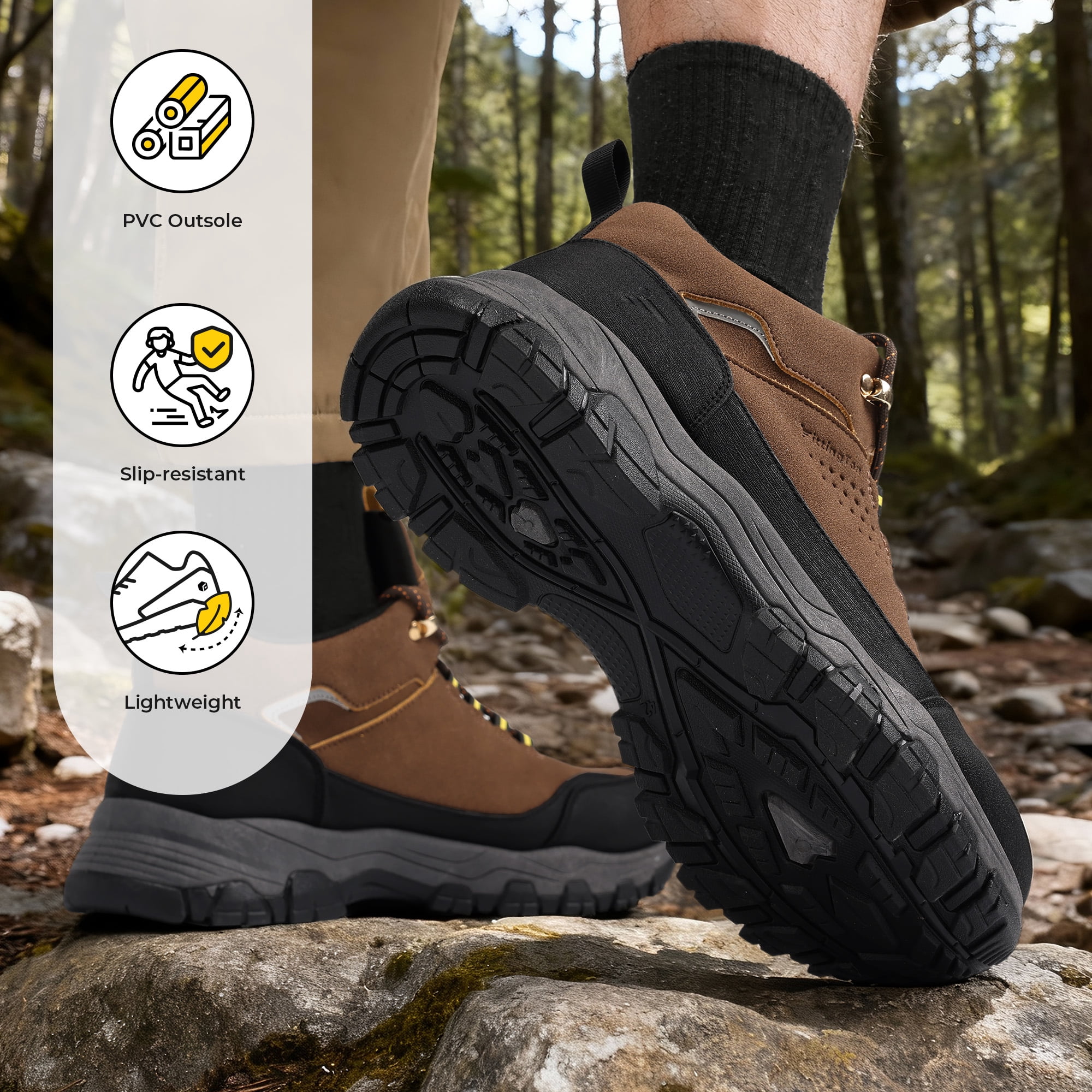 Fittington Men's Walking Hiking Shoes Outdoor Trekking Athletic shoes Arch Support | Reflective Safety Feature | Dark Brown/Gray