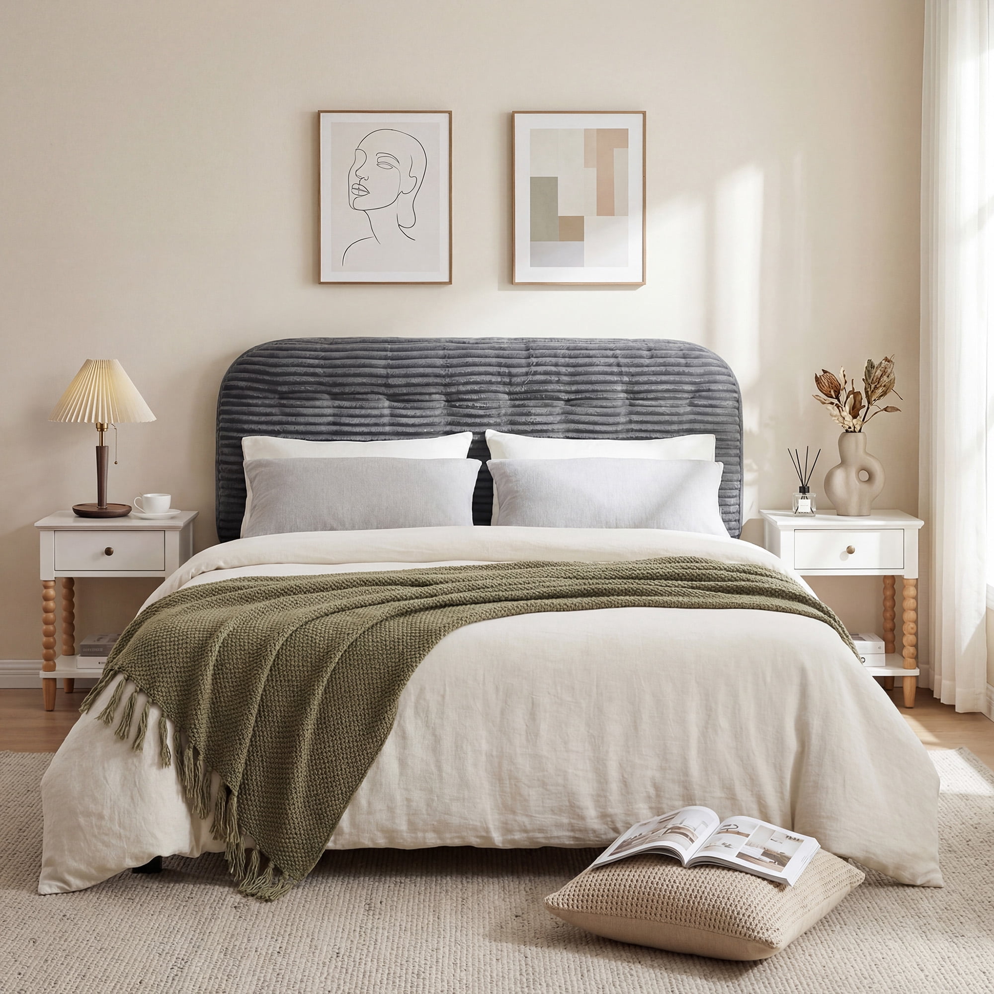Modern Home Upholstered Twin Headboard,Stick on Headboard with Side Storage Bag, Headboard with Twin Size Memory Foam Head Board for Bedroom, Dark Grey,Corduroy