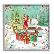Stupell Industries Puppy On Sled Christmas Gifts Holiday Painting Gray Framed Art Print Wall Art