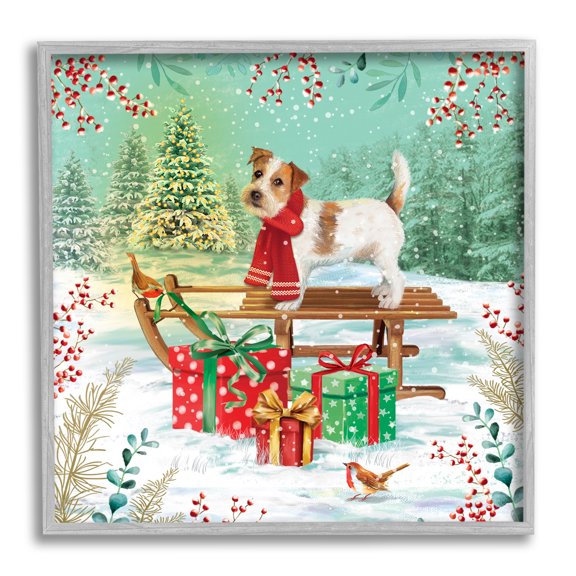 Stupell Industries Puppy On Sled Christmas Gifts Holiday Painting Gray Framed Art Print Wall Art