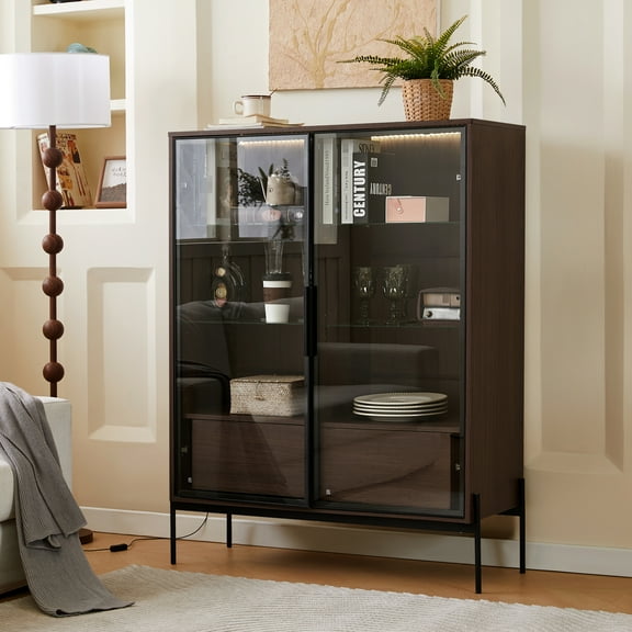 Tempered Glass Led Display Cabinet. Modern Minimalist For Office. Metal Legs, Construction. 4 Adjustable Shelves, 2 Drawers, Black Dark Walnut Door, . For Living Room, Office, Study.