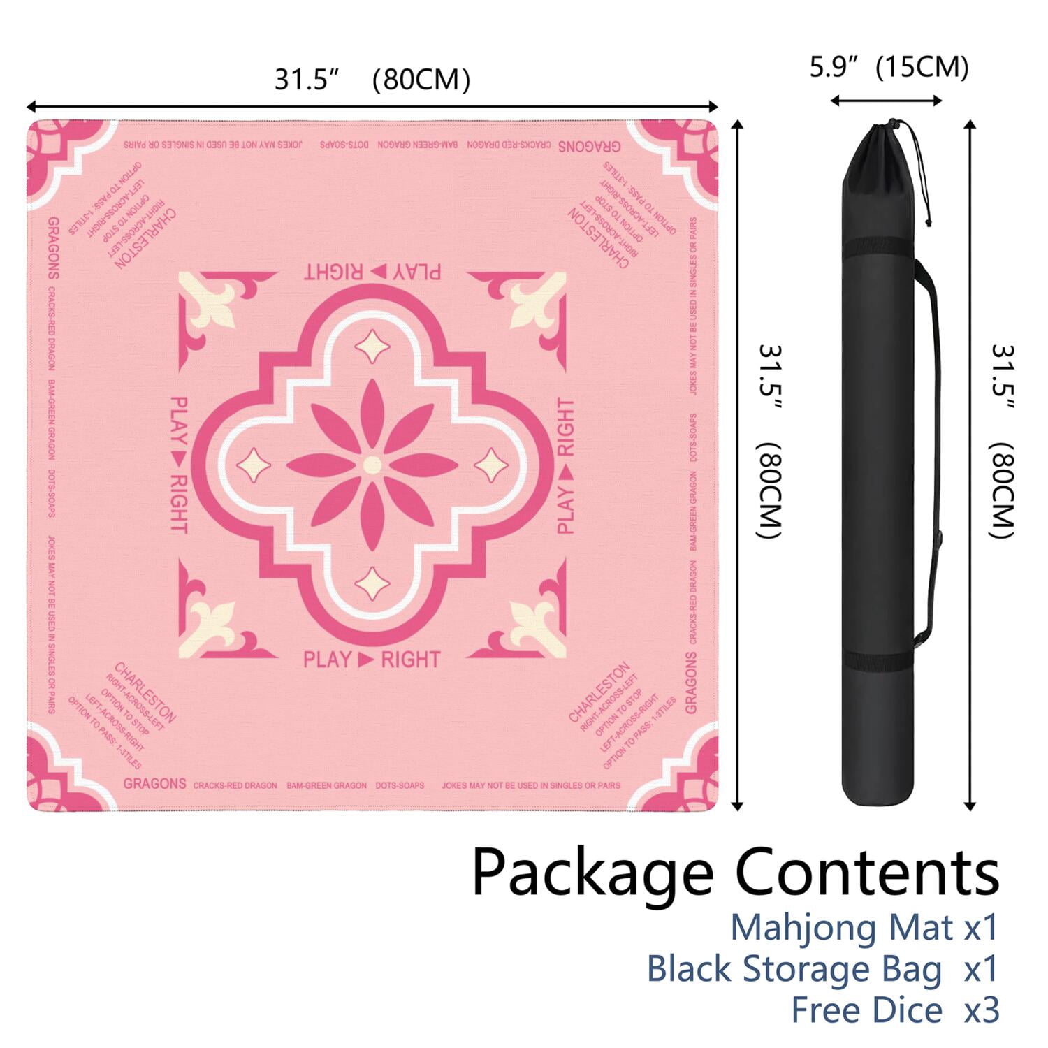 Pink Mahjong Mat with Rules, 31.5*31.5in Anti Slip American Mahjong Mat for Table, Noise Reduction, Neoprene Mah jongg Mats with Carrying Bag & 3 Dices, Mahjong Supplies Gift, Board Tile Games Mats