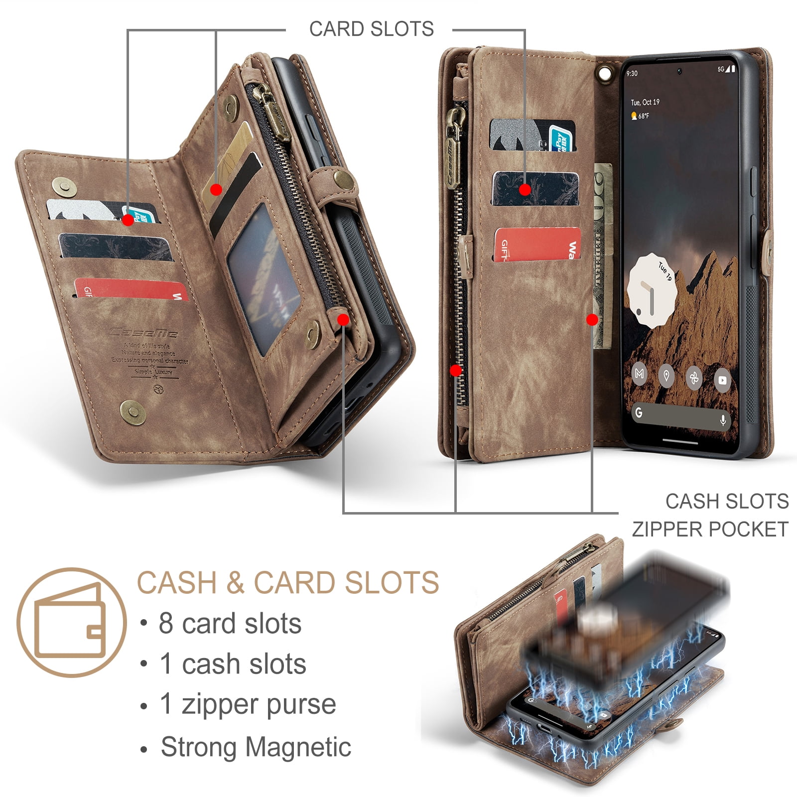 Feishell Durable 2- In-1 Magnetic Detachable Wallet Case for iPhone 16,for Women Men,Premium PU Leather Zipper Pocket Flip Multi Card Slots Purse Phone Case with Wrist Strap,Darkbrown