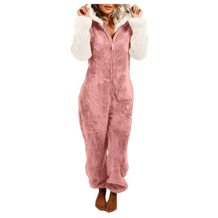 

New Womens Pajamas Set Women S Artificial Wool Long Sleeve Pajamas Casual Solid Color Zipper Loose Hooded Jumpsuit Pajamas Casual Winter Warm Rompe Cute Ears Sleepwear