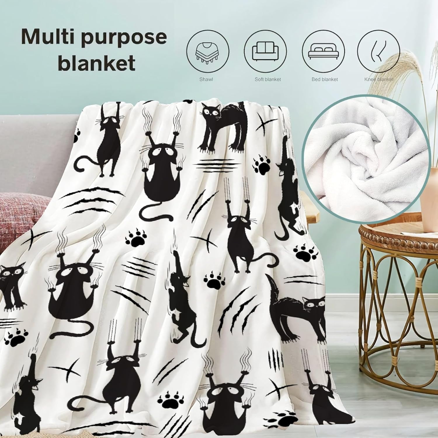 Cute Cat Blanket for Cat Lovers Cat Themed Gifts for Adults Women Kids Black Cat Throw Blanket Room Decor Soft Quilt for Bed Couch Twin-60x50In Teens/Travel