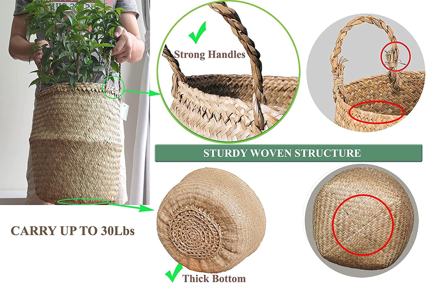 Natural Craft Extra Large Size(16x16x15 inches) Seagrass Belly Basket for  Storage, Laundry, Picnic and Woven Straw Beach Bag - Plant Pots Cover  Indoor