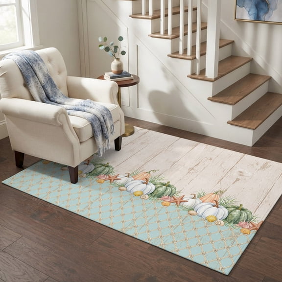 Area Rugs 4'x6'. Coastal Pumpkins Carpet Runner Indoor Outdoor Rugs Home Decor Aesthetic, Farmhouse Starfish Teal Wooden Grain Non Slip Mats Washable Accent Rug for Living Room Bedroom